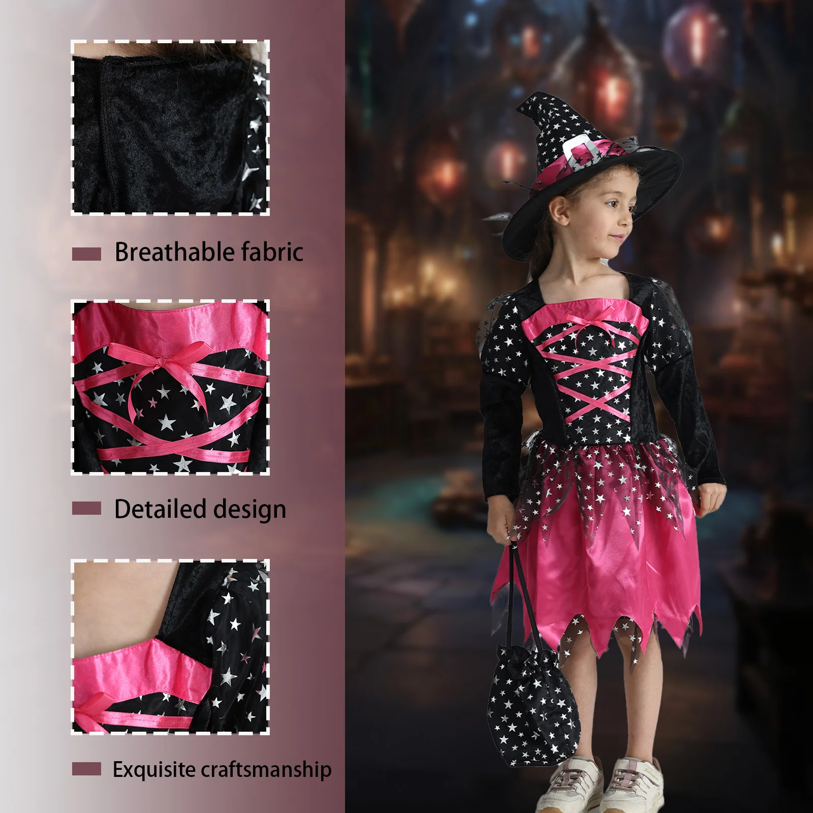 Halloween Party Costume Girl Witch Dress Set Stars Elements Funny Stage Performance Costume Vampire Party Disguise Pageant Dress