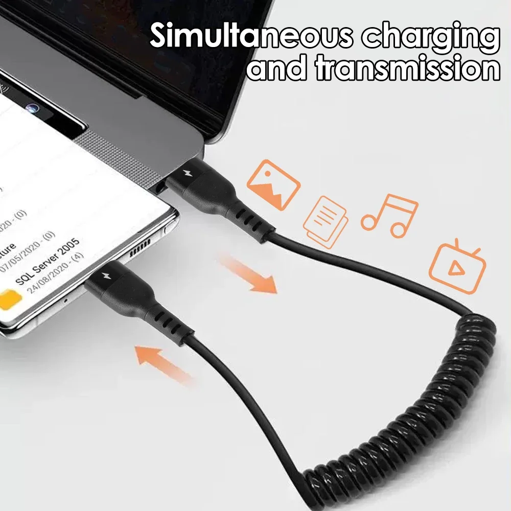 كابلات شحن سريعة PD60W عالية السرعة USB C إلى النوع C خط بيانات ملفوف قابل للسحب لهاتف آيفون 16 وسامسونج وشاومي شحن سريع