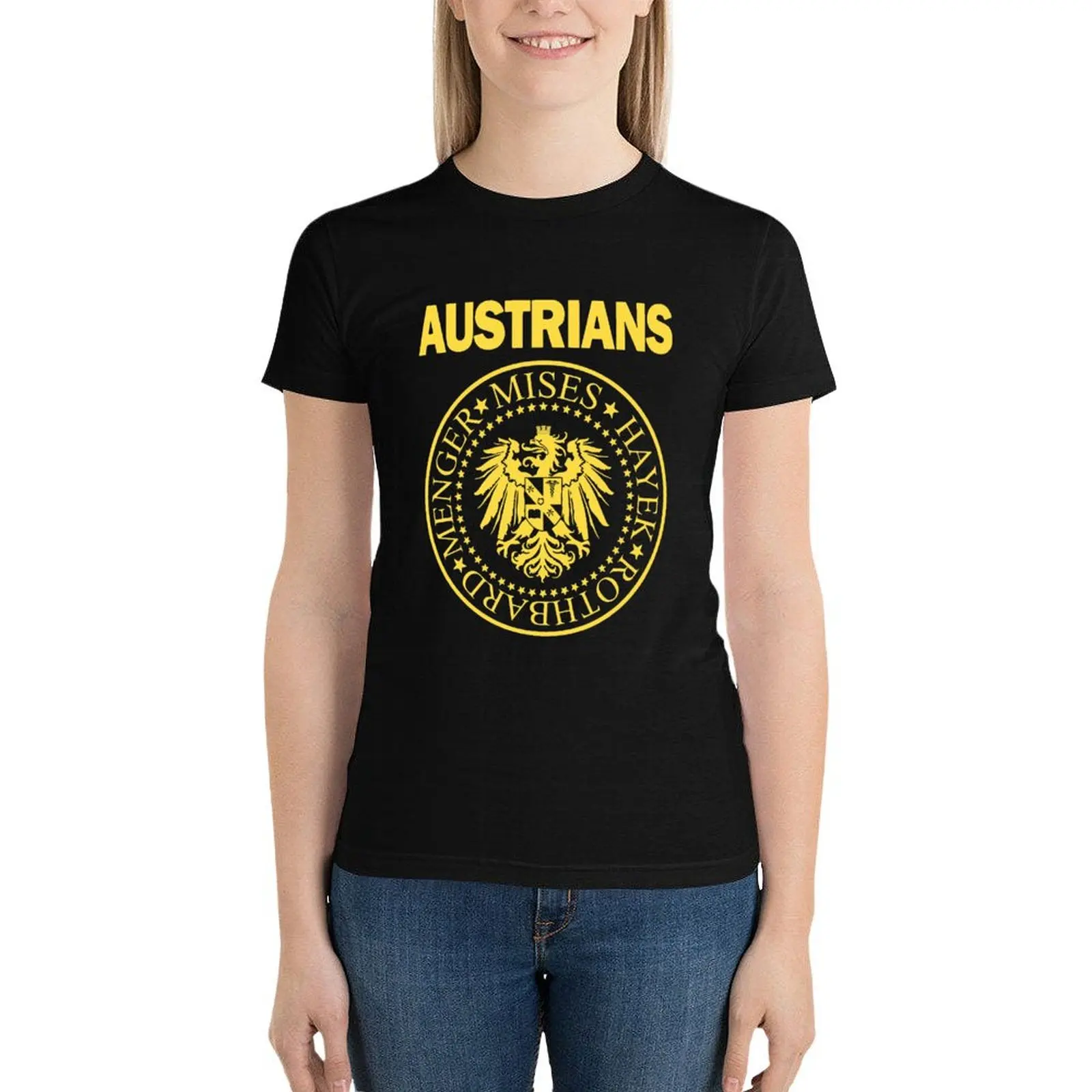 Austrians - Mises, Hayek, Menger and Rothbard - School of Economics yellow T-Shirt Female clothing Women t shirt