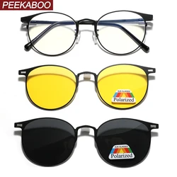 Peekaboo metal frame round sunglasses for men clip on vintage polarized sun glasses for women magnetic female accessories gift