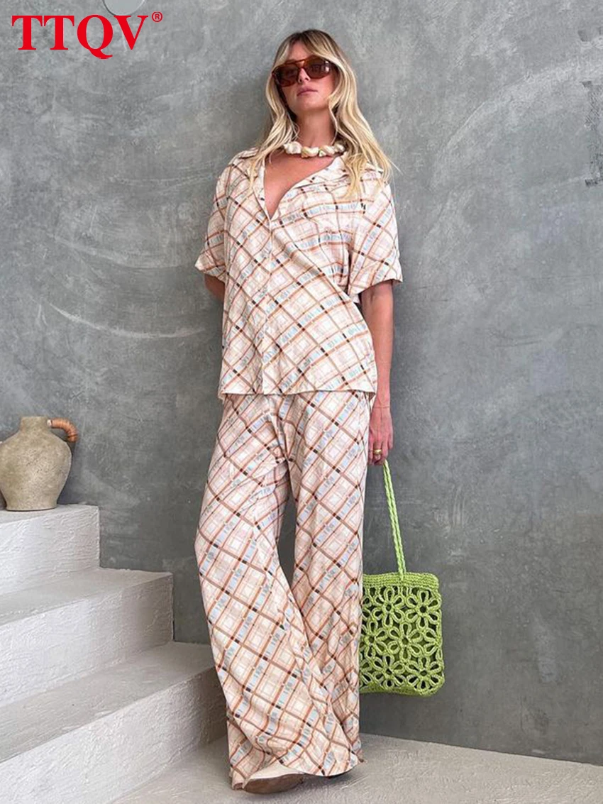 

TTQV Summer Loose Print Trousers Set 2 Piece Woman 2026 Fashion Short Sleeve Shirt With High Waist Wide Pants S Et Female