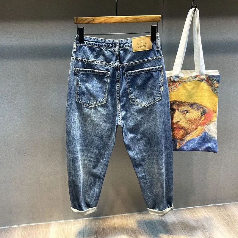 Summer thin and distressed beggar jeans pants men's trend loose fitting straight tube Harem cropped jeans spring and autumn 2023