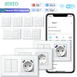 BSEED Wifi Wall Smart Switches 1/2/3/4Gang Mechanical Click Buttons Tuya Smart Life App With EU Power Sockets USB Glass Frames