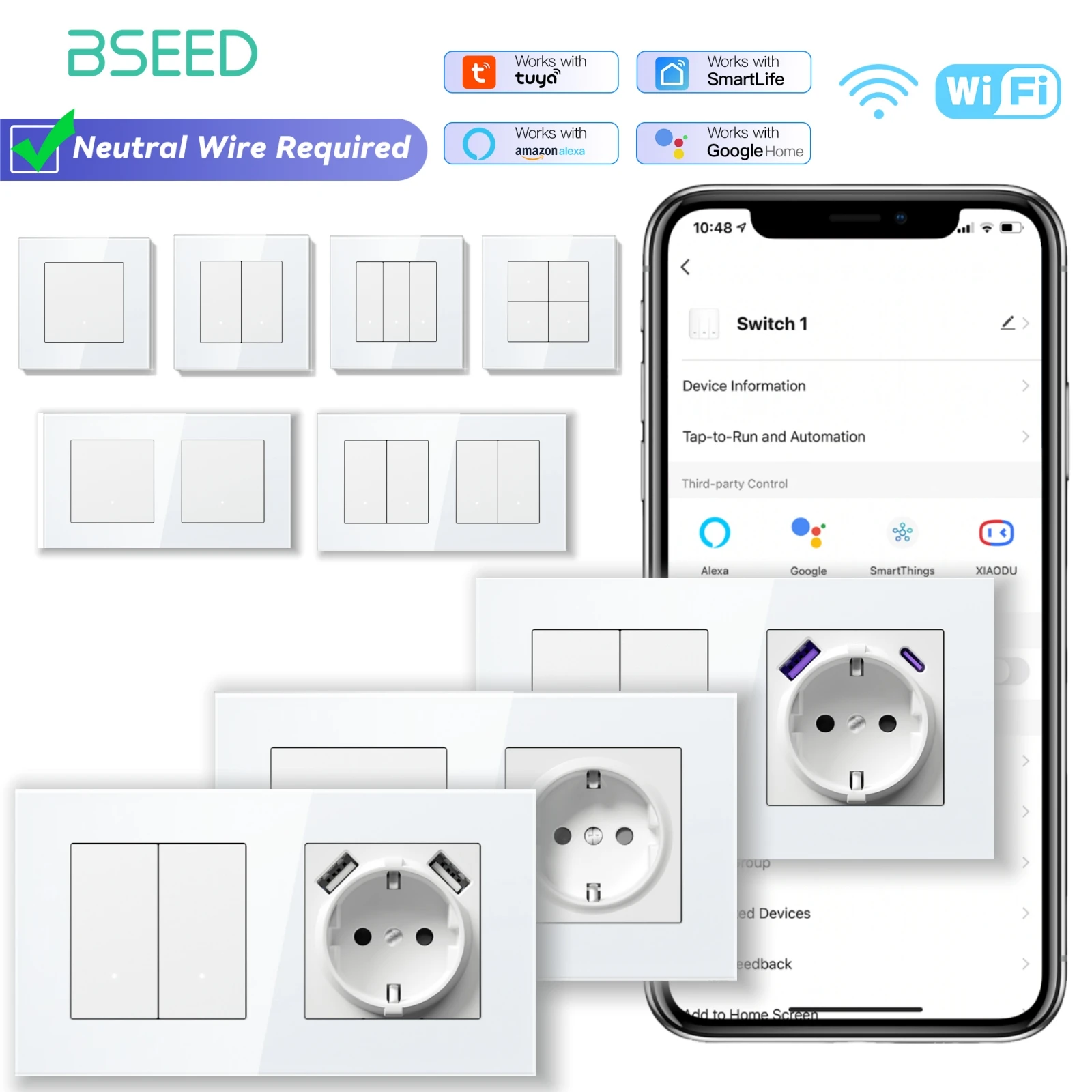 BSEED Wifi Wall Smart Switches 1/2/3/4Gang Mechanical Click Buttons Tuya Smart Life App With EU Power Sockets USB Glass Frames