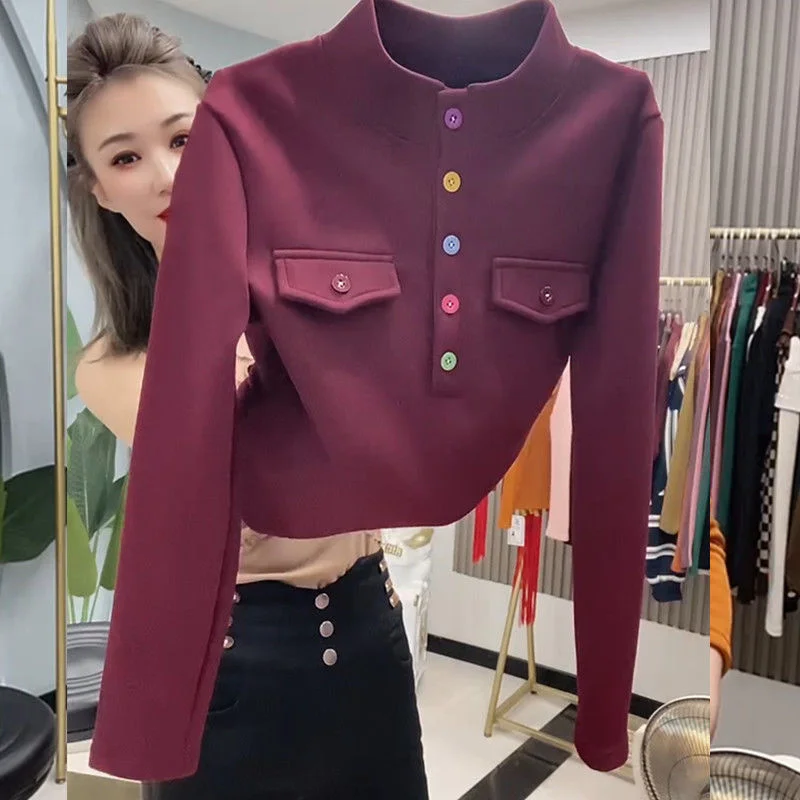 

2025 Spring Autumn Hoodies Half High Collar Design Thick Velvet Long Sleeved Women's Hoodie Coat Casual Button Top Sportswear