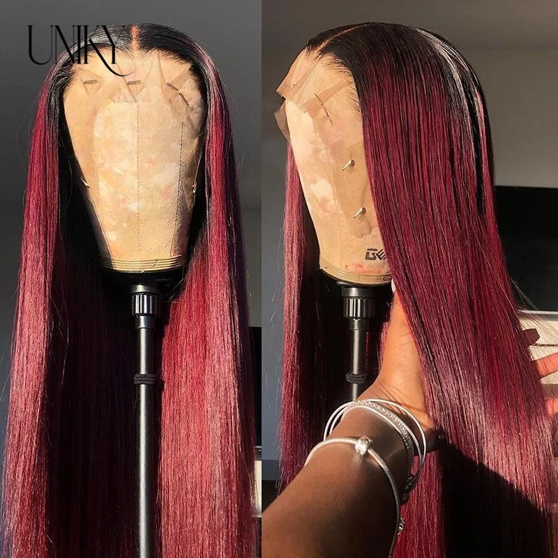 Braizlian Straight Hair 13x4 Lace Front Wig Human Hair Wigs 1B99J Red Burgundy Pre-Plucked 180% Remy Human Hair Deep Part Wig