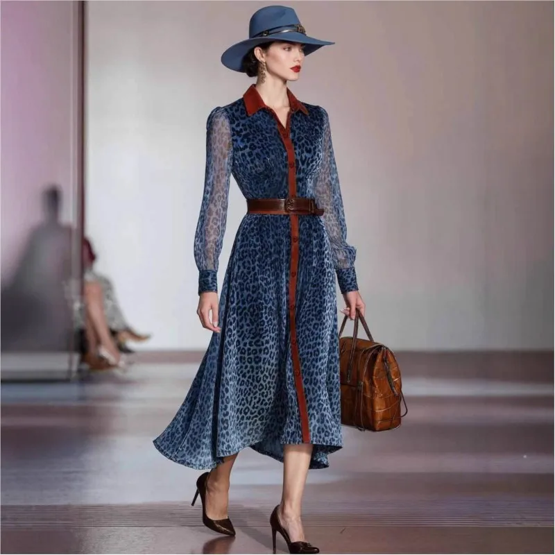 Robe chemise imprimée léopard bleu pour femmes, manches longues transparentes, col contrasté, ceinturée, robe mi-longue élégante, robe de soirée au bureau, automne