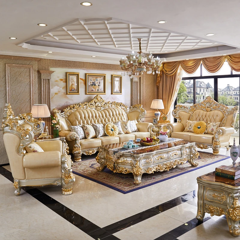 

European-style leather sofa villa living room 124 combination of luxury all solid wood carving large high-end sofa