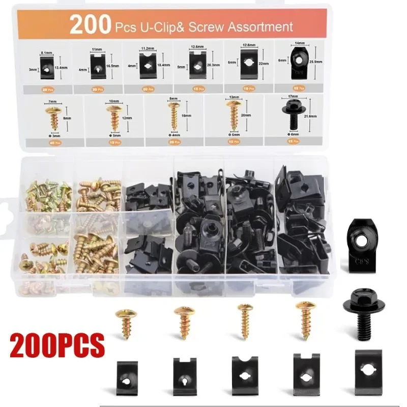 200Pcs Screws U-clips Set U-type Spring Nut Clamp Nuts Car Body Fender Clip Bolts Set Mudguard Screws Hardware Tools M3 M4 M5 M6