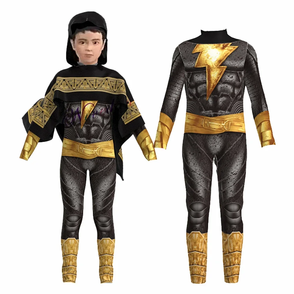 Black Adam Cosplay Anime Villain Halloween Costume For Kid Cloak Zentai Suit Adam Jumpsuit Party Dress Disguise Masquerade