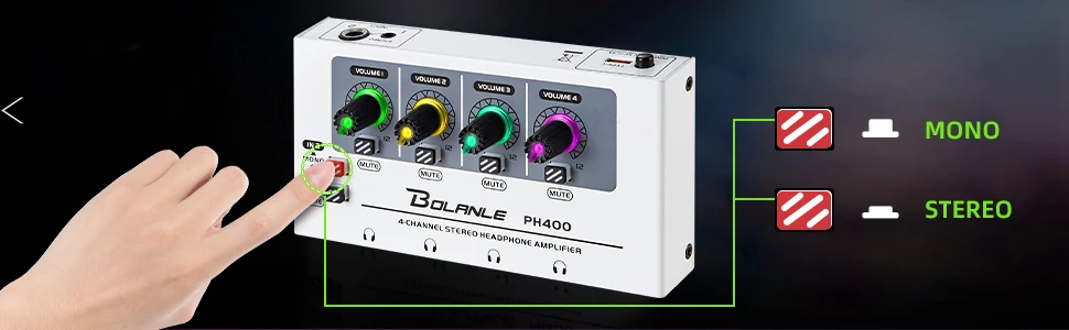 Bolanle PH400 4-Kanal Stereo-Kopfhörerverstärker Verteilungssystem 600 Ohm Hohe Impedanz RGB-Beleuchtung Studio – Detail 11