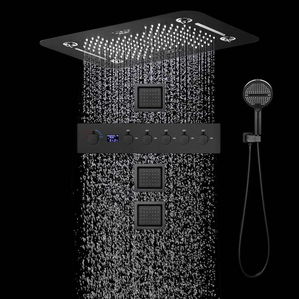 

Qlonn Hot Cold Shower Set Bathroom Matte Black Shower Head Rainfall Ceiling LED Music Luxurious Shower Panel Powerful Body Jet