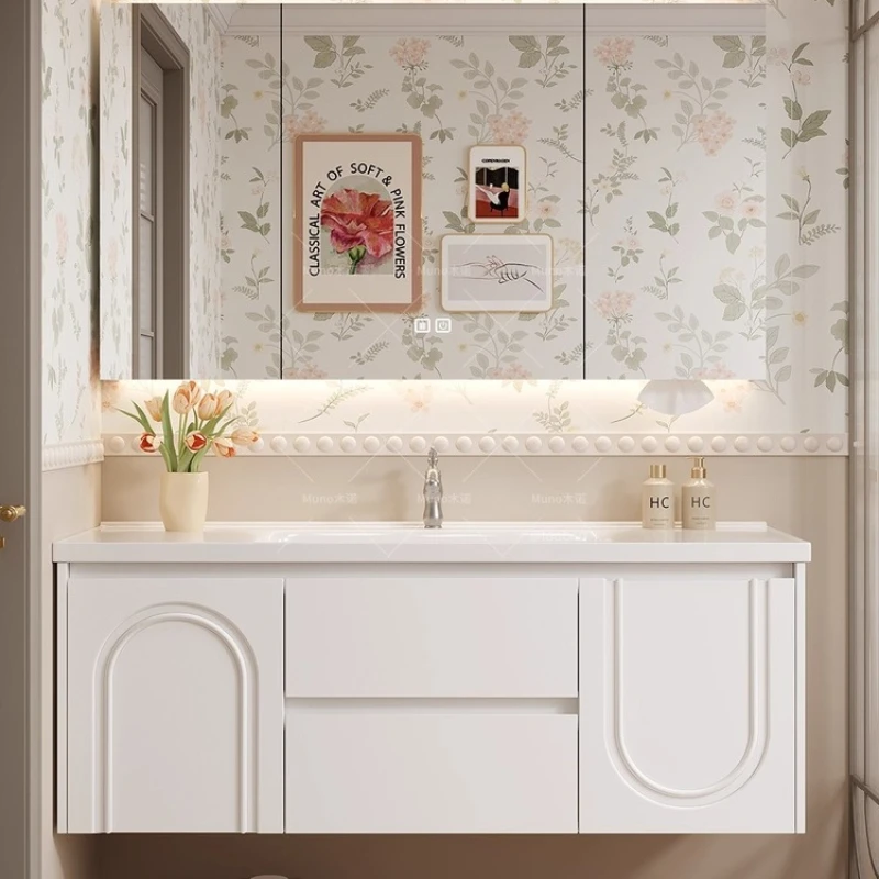 

Light French smart bathroom cabinet ceramic integrated washbasin bathroom cream style washbasin cabinet combination