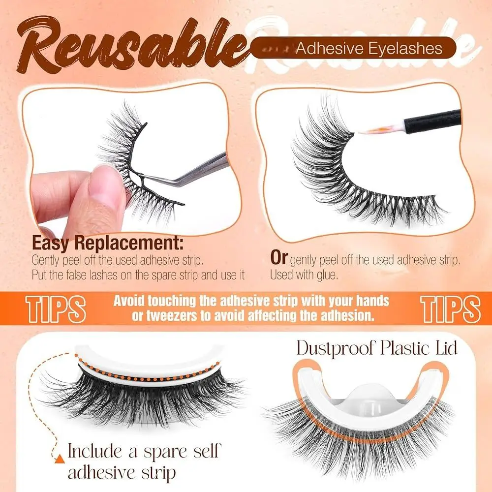 Pre Glued Self Adhesive Eyelashes Glueless Natural Look Cat Eye False Eyelashes Wispy C-Curl 8-11MM Fake Eyelashes Eye Extension