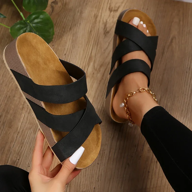 Pattern Thick Bottom Cork Sandals Women Summer Non-Slip Platform Slippers Woman Cross Strap Casual Clogs Slides Shoes 2024