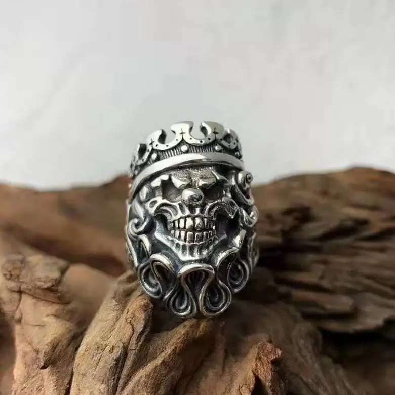 

Nightclub Thai Silver Powerful Motorcycle Rock Skull 925 Silver Ring Men's Trendy Personality Open Ring Index Finger Ring