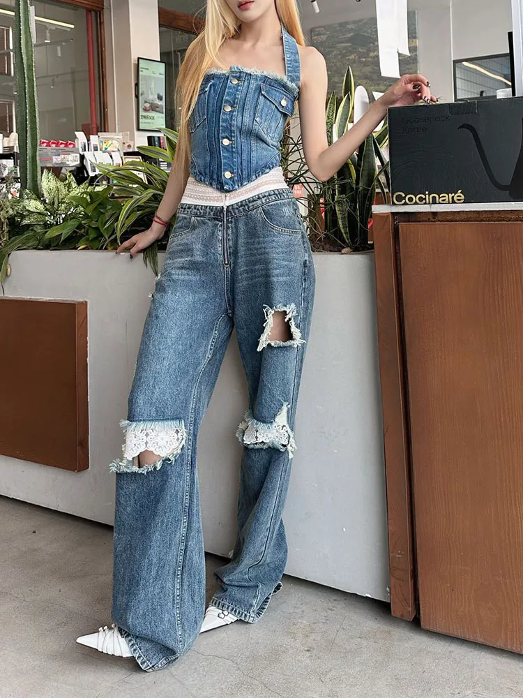 y2k spring and summer do old torn lace splicing high-waisted cotton Jeans2024 casual straight wide-leg pants Woman pants