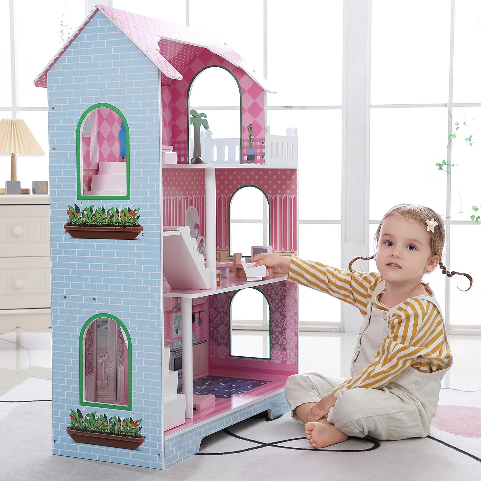 

3 Tier Kids Dollhouse with Roof Window and Furniture Wooden Mini Doll House Playhouse for 3 Years Old and Wooden Dollhouse