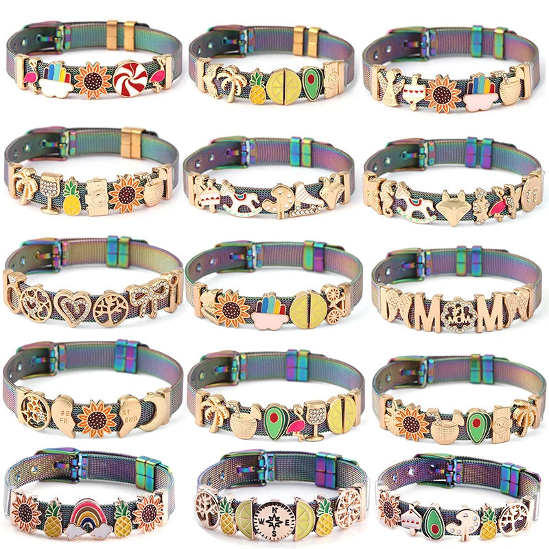 Avocado Lemon Pineapple Camera Charm Slide Beads Bracelet Fit Brand 10mm Stainless Steel Mesh Bracelets For High-Quality