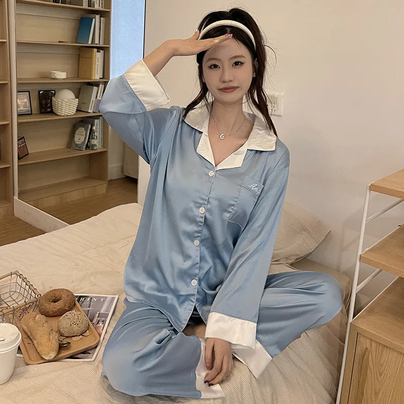 Women\'s 2 Piece Pajamas Sets Solid Pijama Faux Silk Satin Lapel Pyjama Female Sleepwear Long Sleeve Shirt Pants Homewear Suit