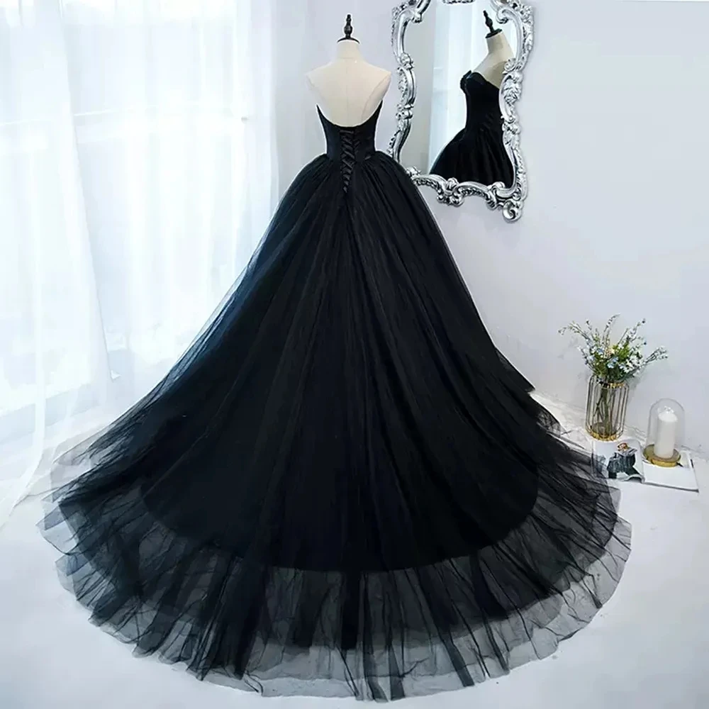 Customized Gothic Black Tulle Prom Dresses Princess Sweetheart Satin Women Formal Evening Gowns Exposed Boning Night Party Dress