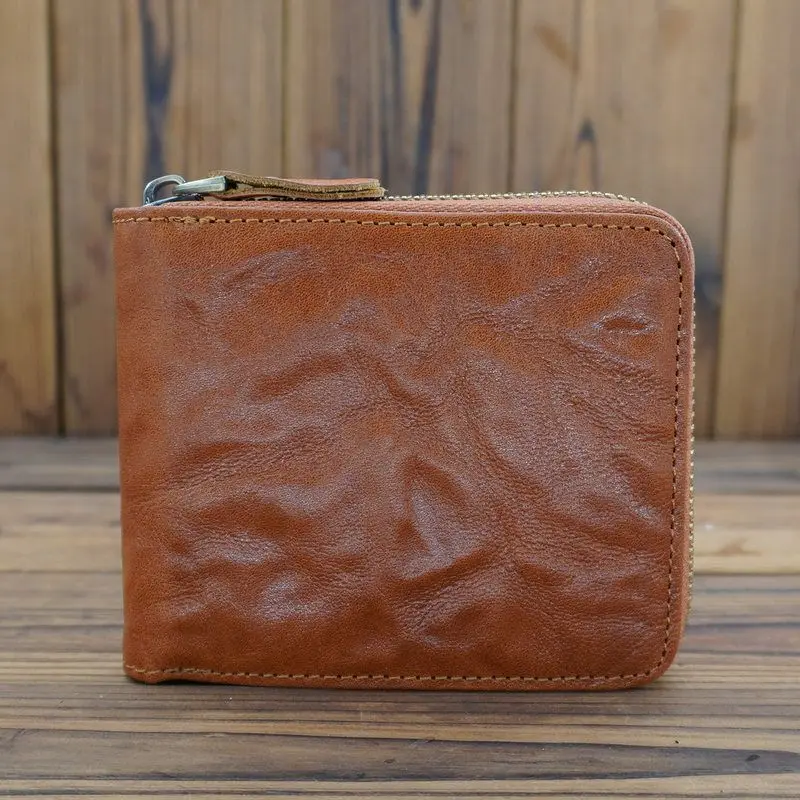 

Simplified Men's Genuine Leather Wallet Tree Sap Tanned Leather High-End Money Clip Top Layer Cowhide Vintage Zipper Wallet
