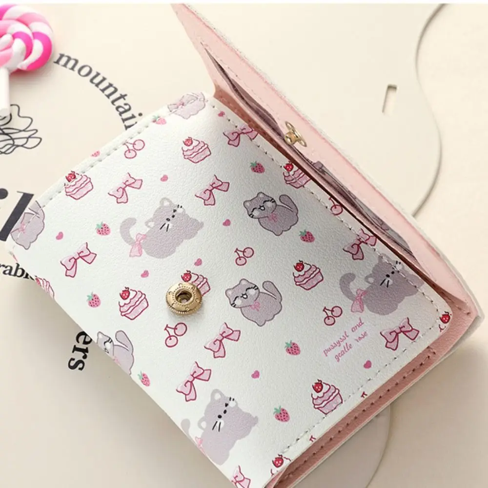 Portable Cartoon Bear Short Wallet Cat Pattern Multiple Card Slot Girls Coin Purse Money Bag PU Leather Three-Fold Wallet Girls