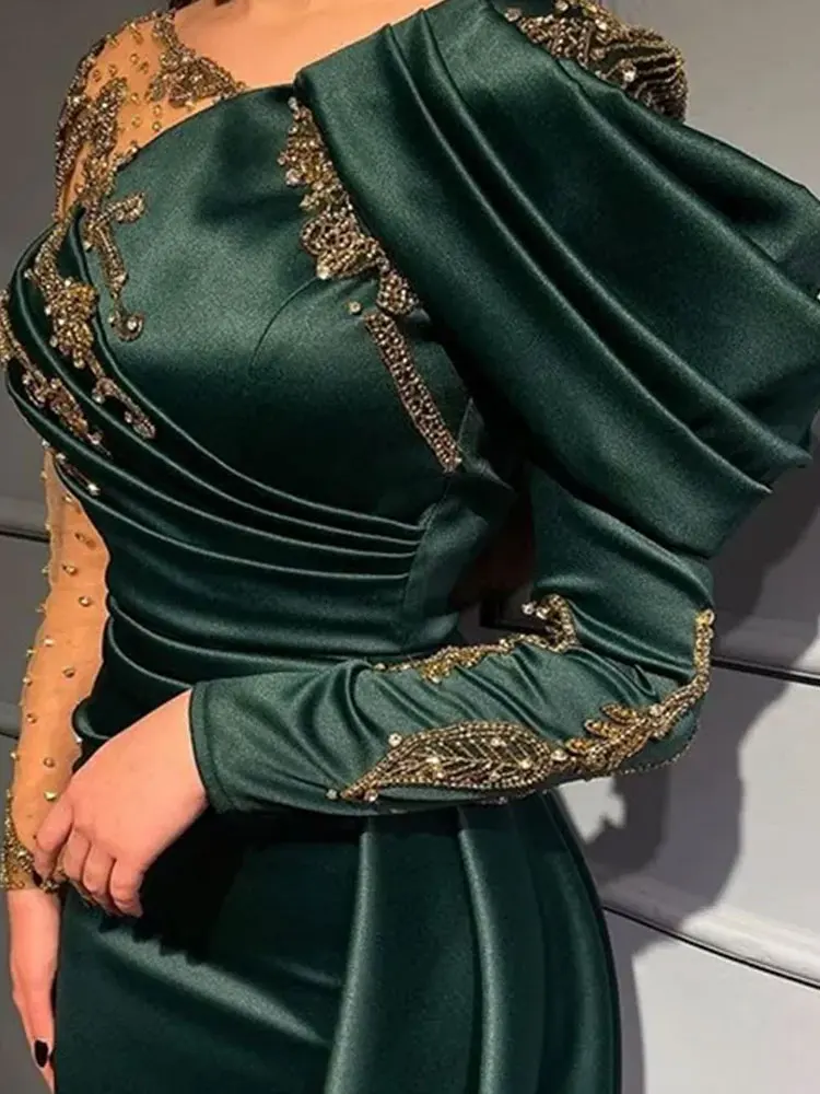 Elegant Jade Green Evening Dresses Arabic Dubai Gold Lace Applique Beaded Long SleeveMermaid Prom Gown Satin Celebrity Party