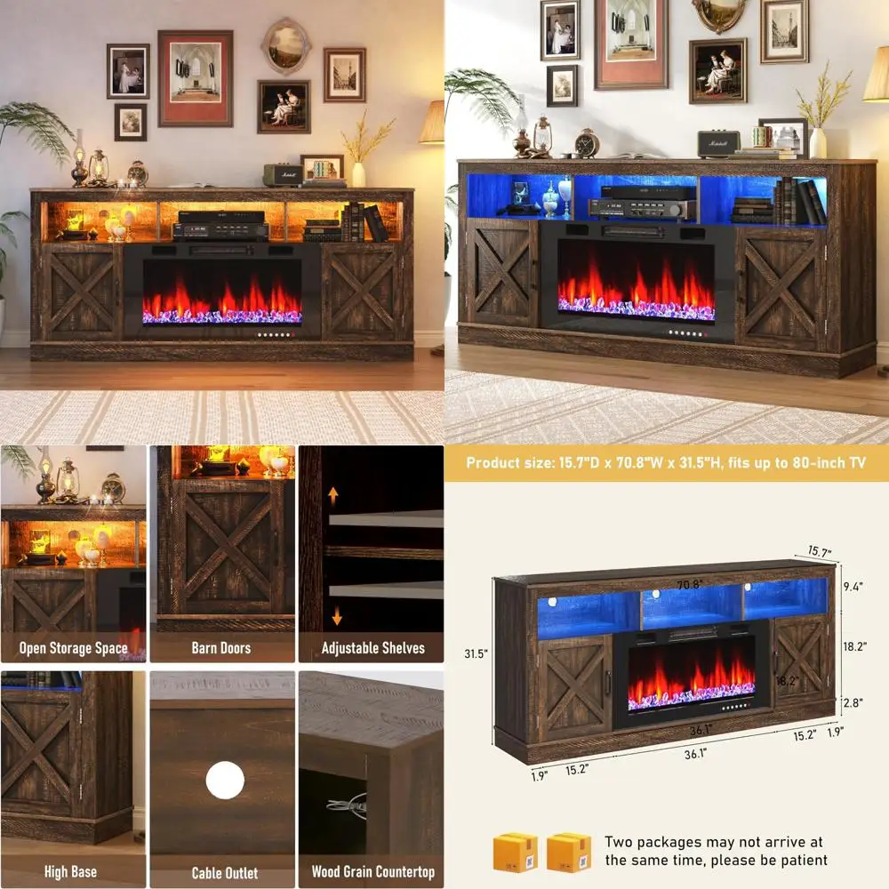 

Farmhouse TV Stand with 36 Fireplace for 80 TV, 70 Fireplace Entertainment Center with Barn Doors and LED Light, Tall TV Stands