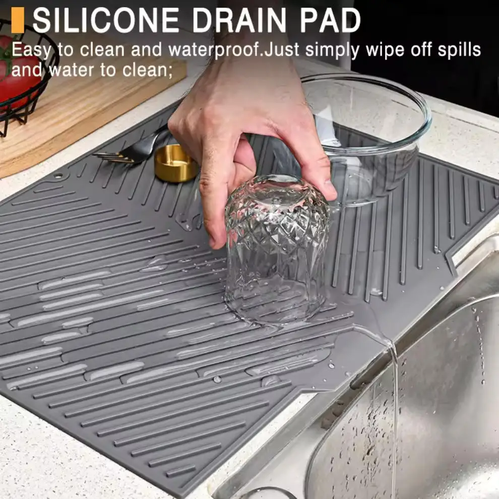 Grey Large Silicone Draining Mat Kitchen Heat Resistant Dish Drying Mat, Non-slip Countertop Protector Pad for Dishes Pots Pans