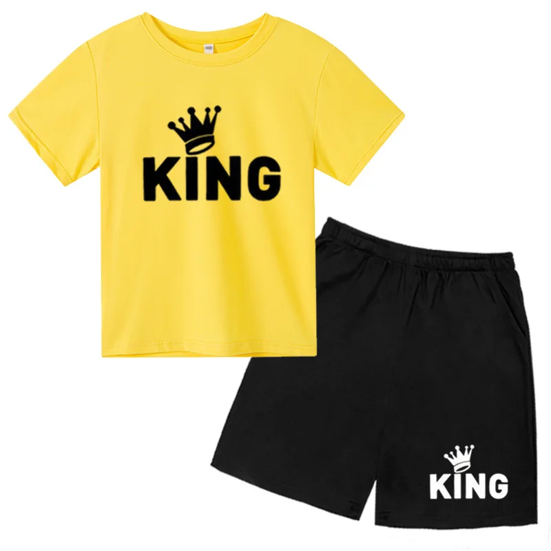 KidsT T-shirt set for boys and girls aged 2-12, casual sports outdoor short sleeved+shorts with cartoon letters printed on them