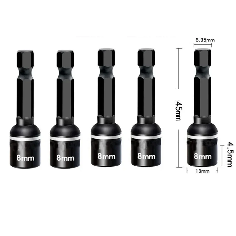 5pcs 8mm Impact Socket Magnetic Nut Screwdriver Deep Socket Adapter 1/4inch Hex Wrench Heads Electric Drill Bit Repairing Tool