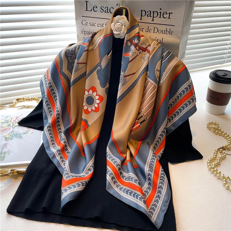 New Fashion Luxury Large Square Scarf Women Silk Twill Shawl Scarves Chain Print Design Headscarf 90cm Bufandas HIjab Foulard