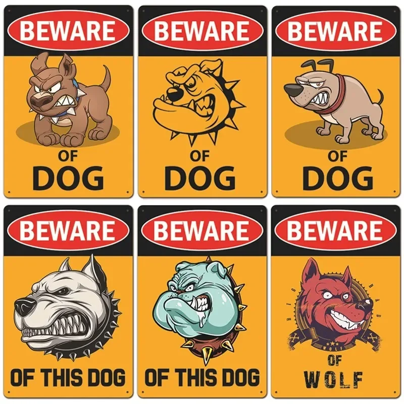 Vintage Assorted Beware Of Dog Cartoon Bulldog Wolf Tin Sign Set, Retro Funny Angry Pet Warning Metal Wall Art, Rustic Securi