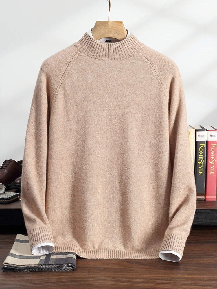 Smart Casual Men's Sweater Pullover 100% Cashmere Autumn Winter Sweater Mock Neck Raglan Basic Pullover Business Warm Clothing