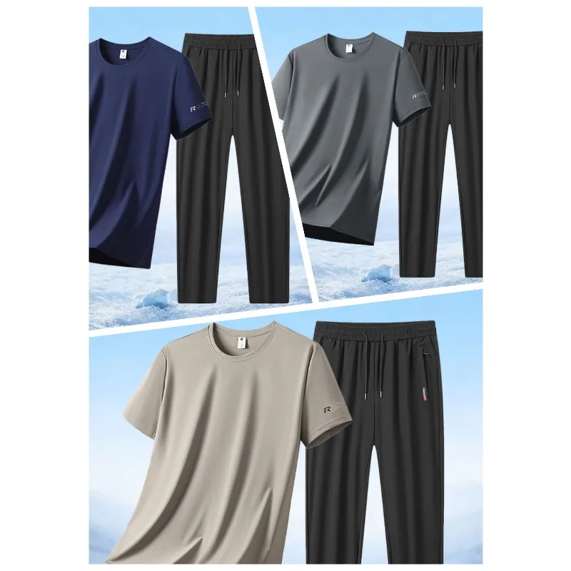 

Summer Fashion Trend Ice Silk Short Sleeved T-shirt Casual Pants Set Outdoor Cycling Sports Lightweight Breathable Sportswear