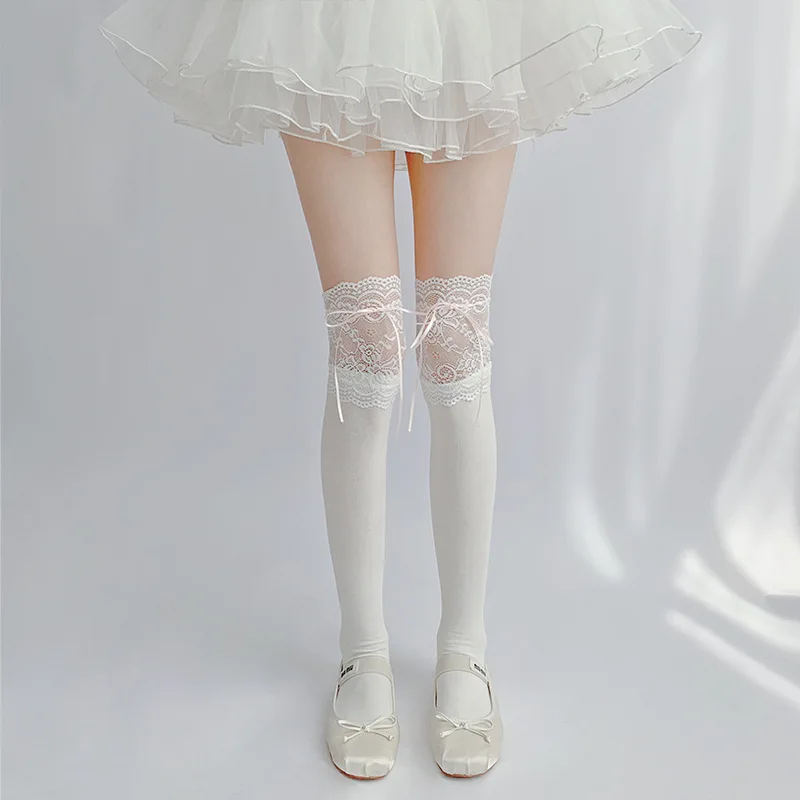Calcetines Lolita con lazo de encaje para mujer japonesa hasta la rodilla calcetines de tubo alto de encaje atados con cintas calcetines blancos hasta la pantorrilla