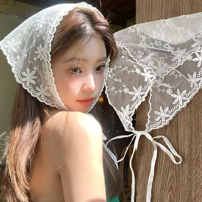 

Ins Lace Floower Headscarf Girls White Travel Photo Headband Hair Accessories for Women Summer Lolita Lace Triangle Hair Scarf