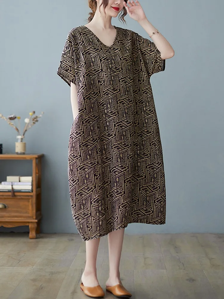 Women Summer Casual Dress New Arrival 2022 Vintage Style V-neck Print Loose Comfortable Female Cotton Linen Long Dresses B1738