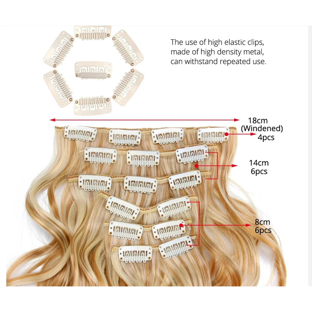 16 Klip 6 Buah Klip Dalam Ekstensi Rambut Medium Panjang Gaya Rambut Keriting Sintetis Pirang Potongan Rambut Hitam Wig Tahan Panas 24 Inci