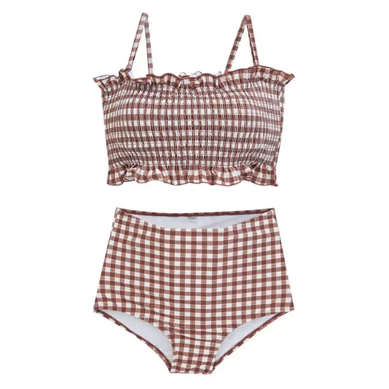 Koreański damski zestaw bikini z wysoką talią Strój kąpielowy Bandeau Smocked Plaid Biquinis Damski dwuczęściowy kostium kąpielowy Seksowny strój