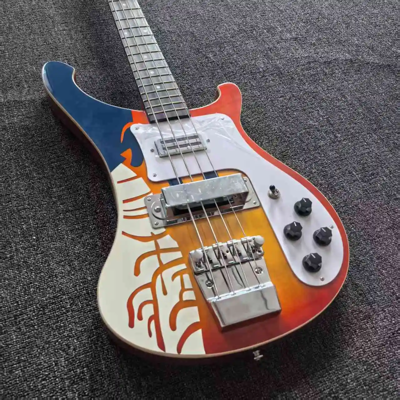 Color Printed Special Shape Electric Bass, HH Pickups, Fixed Bridge, Solid Wood Body, Unique Body, for Rock Practice & Band Stage Performance, Musical Instrument Gift