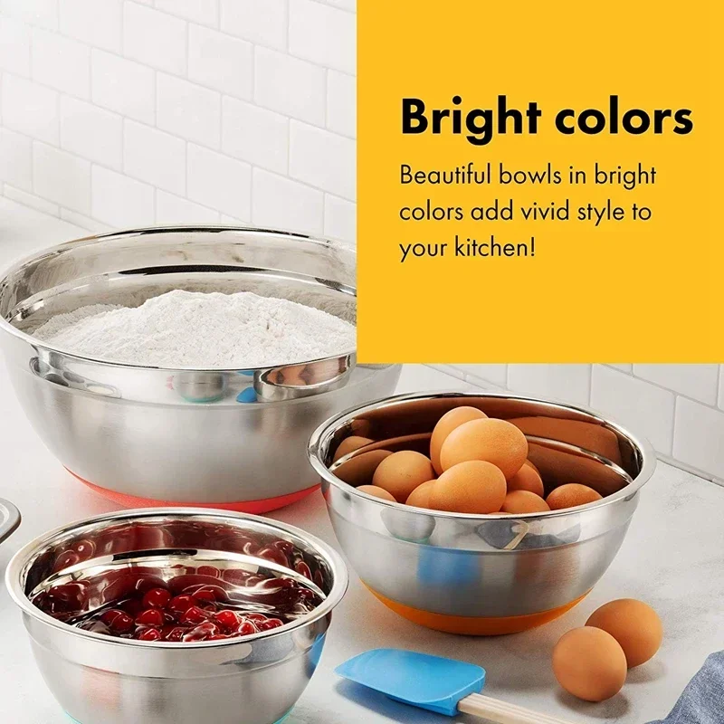 Colorful 304 Stainless Steel Salad Bowl with Lid Non-slip Silicone Bottom Kitchen Egg Mixing Bowls Set for Baking Cooking