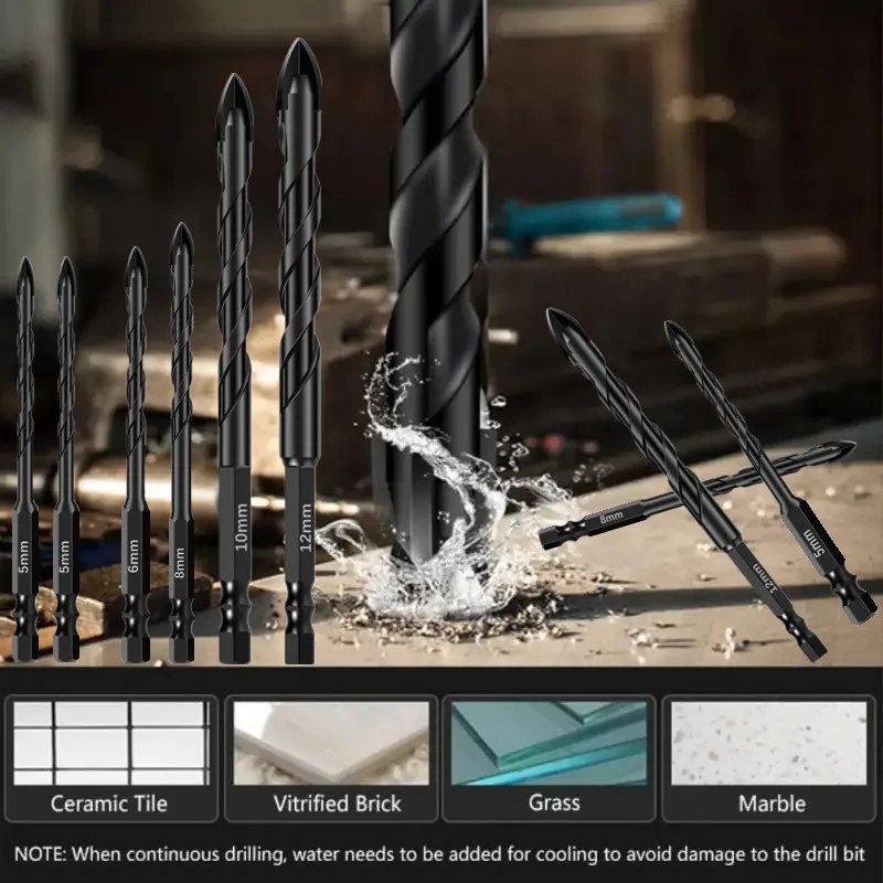 Set di punte da trapano per piastrelle esagonali a croce da 4-12 mm per kit di strumenti per punte triangolari in lega dura di mattoni per apri fori in ceramica di vetro