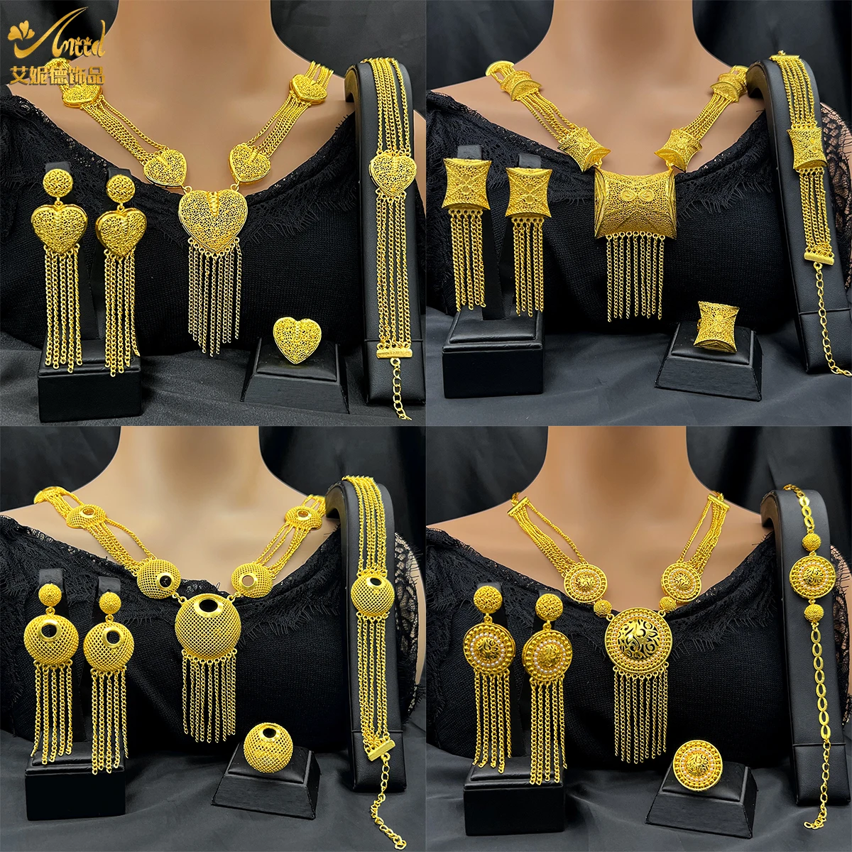 ANIID Dubai 24K Gold Farbe Lange Schmuck Sets Hochzeit Afrikanische Halskette Ohrringe Für Frauen Nigerianischen Indischen Braut Set Party geschenke – Detail 1