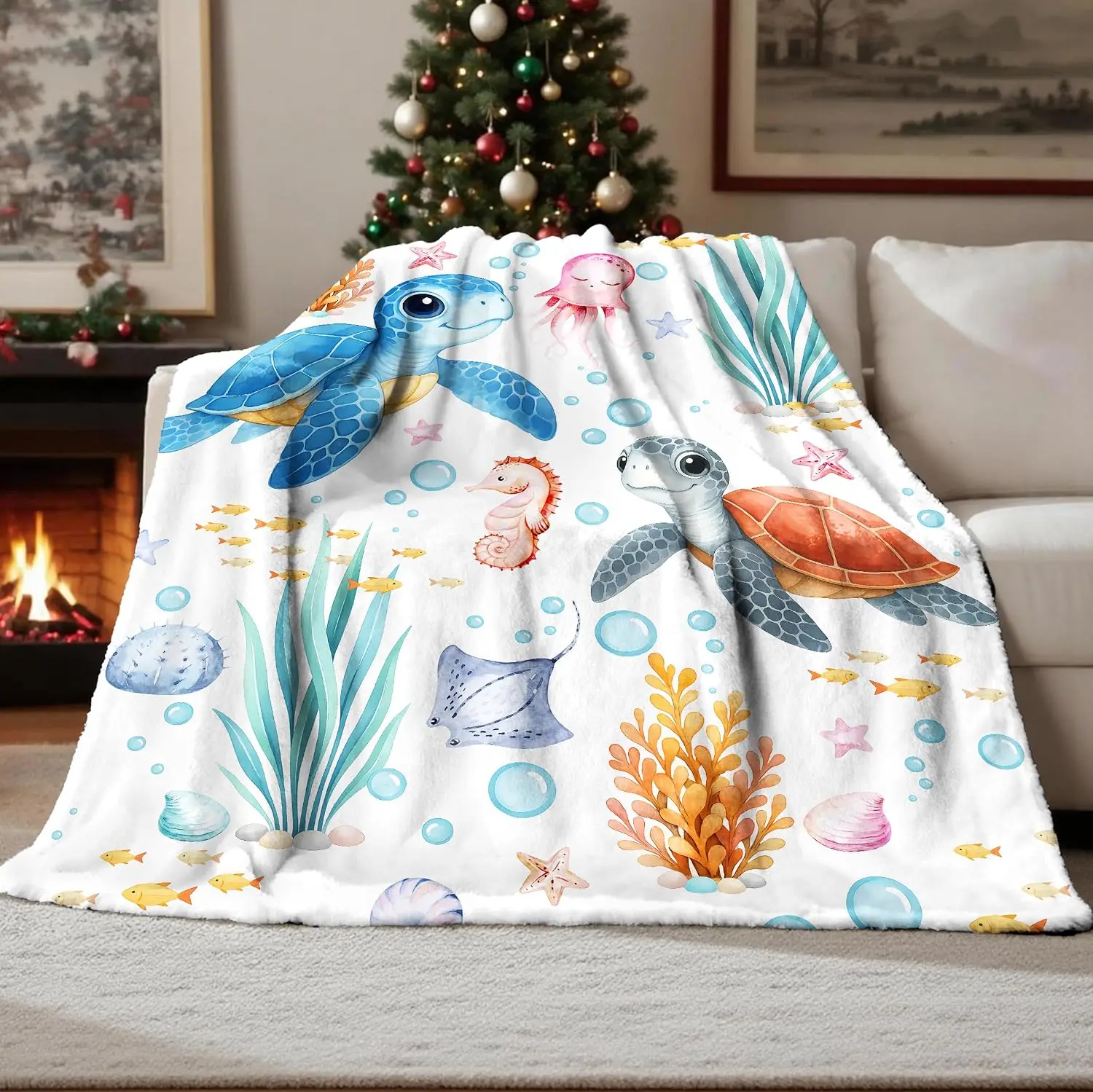 Cute Watercolor Marine Life Turtle Stingray Starfish Coral Seagrass Pattern Flannel Throw Blanket Cover for Living Room Ocean