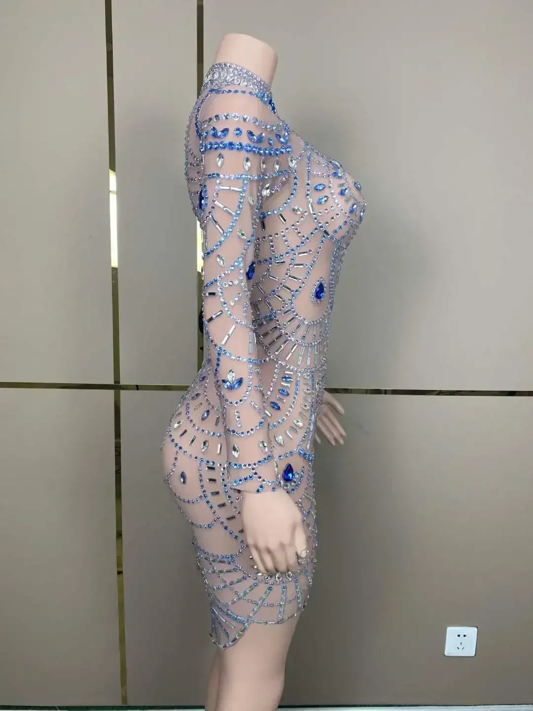سباركلي جوهرة حجر الراين عيد ميلاد الملكة المرأة فستان قصير كم طويل التسلق بلورات حفلة مرحلة الأداء ارتداء المغني زي