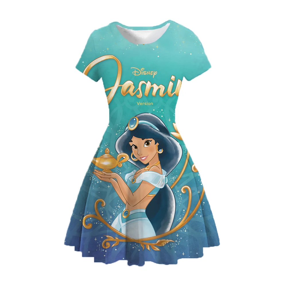 Cartoon Disney Jasmine Princess Dress Clothing Print Girls 2022 New Summer Cute Clothes Fashion Short Sleeve Princess Dress