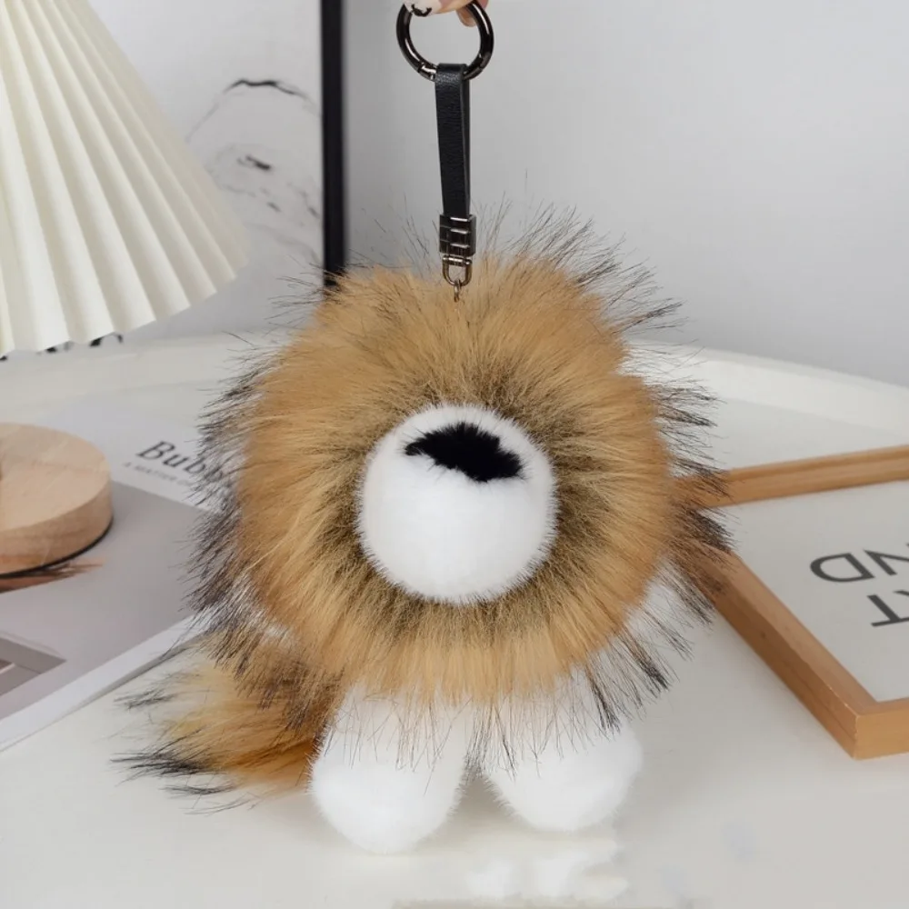 

Long Mane Lion Plush Pendant with Tail Stuffed Plush Lion Keychain Ornaments Simulation Rabbit Fur Cute Animal Keychain