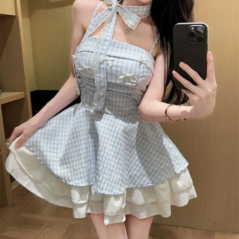 

Women Cute Blue Gingham Spaghetti Strap Dress with Neck Scarf Bow Lace Trim High Waist Puffy Mini Lolita Style Sweet Ball Gown